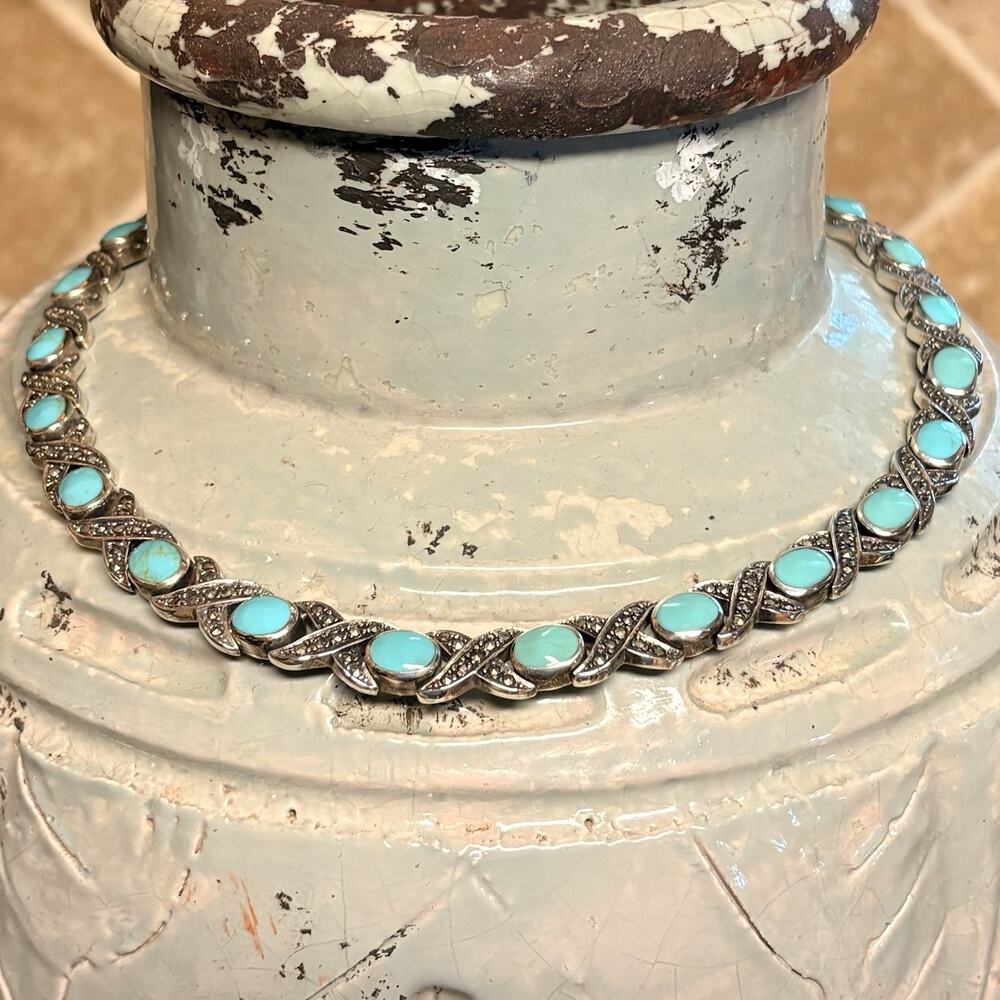 FAS Sterling Silver, Turquoise & Marcasite Necklace XOXO 16 Inches Beautiful